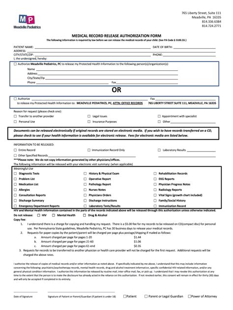 Fillable Online MEDICAL RECORD RELEASE AUTHORIZATION FORM Meadville