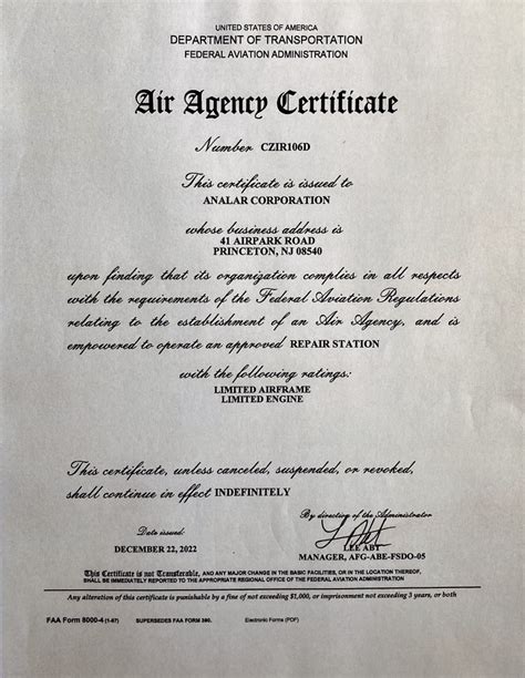 FAA Air Agency Certificate - Analar Corp / Helicopter Charter & Maintenance