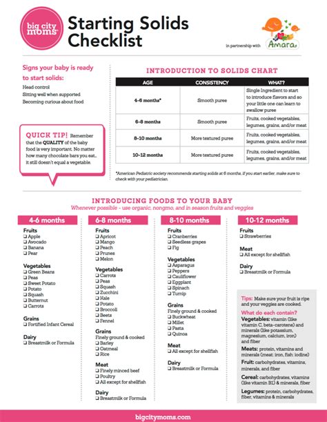 Checklist Printable Baby Solid Food Chart