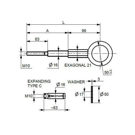 Eyebolts Welded Eye Ø 50 Hexagonal Body Male Metric Thread