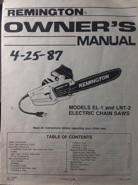 Remington Electric Chain Saw EL 1 LNT 2 Owners Manual Chainsaw Clearing