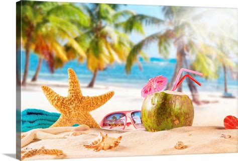 Summer Coconut Cocktail On Tropical Beach Wall Art Canvas Prints