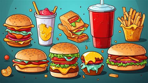 Vector Illustration Of Set Of Colorful Cartoon Fast Food Icons Stock