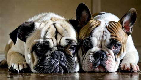 Adorable Bulldogs Lying On Floor Together Stock Image Image Of