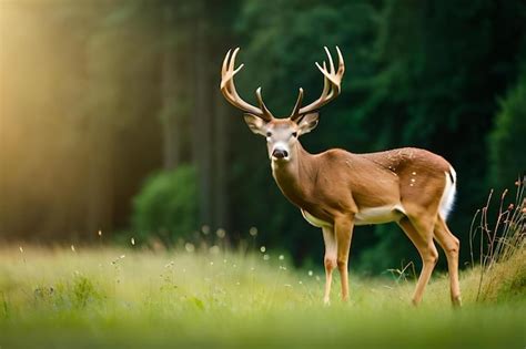 Premium AI Image | A deer with antlers in the grass and flowers.