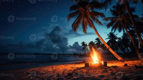 A Crackling Bonfire On A Sandy Beach Under A Starry Night Sky With Palm