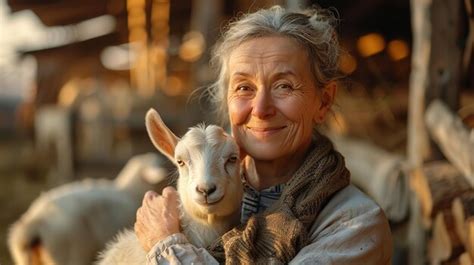 Premium Photo Portrait Of A Middle Aged Woman Holding Goat In Her Lap In Front Of Her Farm