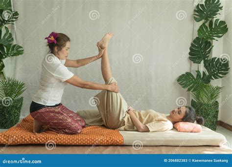 Concept Thai Massage Asian Young Woman Getting Thai Herbal Massage In