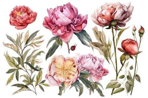 Premium AI Image Watercolor Peonies Set On White Background