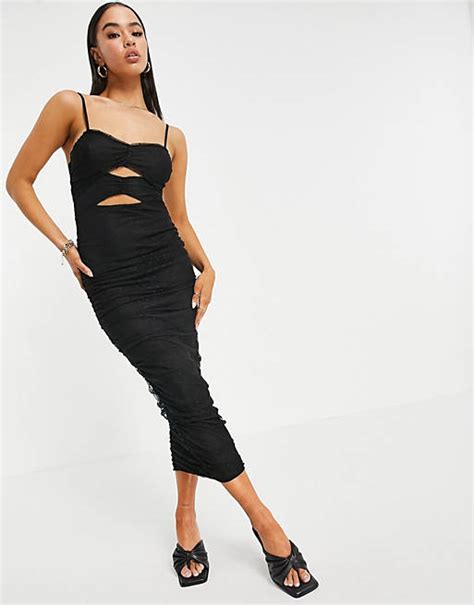 Asos Design Figurbetontes Maxikleid In Schwarz Mit Gepunktetem