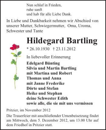 Traueranzeigen Von Hildegard Bartling Trauer Nordkurier