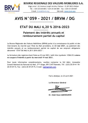 Avis N059 2021 BRVM DG Paiement des intérêts annuels et