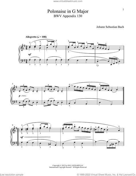 Johann Sebastian Bach Polonaise In G Major BWV App 130 Sheet Music