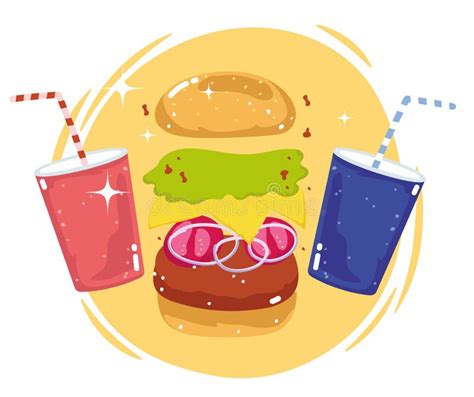 Burger With Drinks And French Fries Fast Food And Health Concept Stock