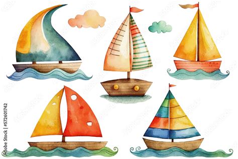 Cartoon Sailboats Watercolor Clipart Set Transparent Png Stock