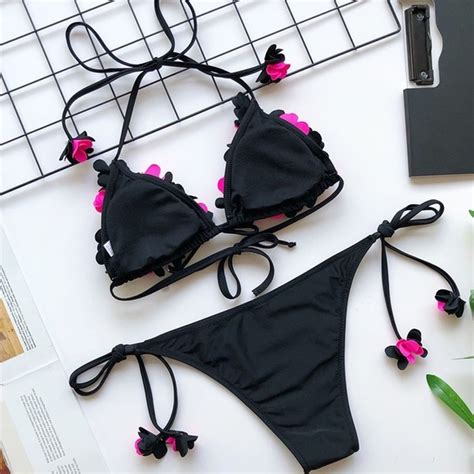 Swim Fluffy Petals Black Pink Bikini Set Poshmark