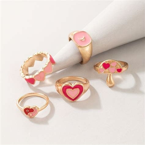 Pcs Cute Stacking Rings Trendy Mushroom Heart To Heart Tai Chi