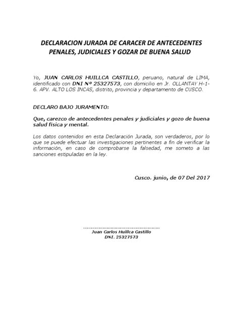 Declaracion Jurada Simple De Gozar De Buena Salud Y Carecer De