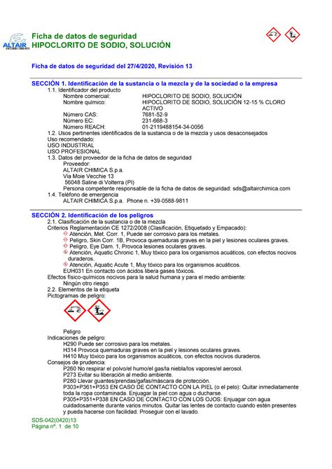 Hoja De Seguridad Hipoclorito De Sodio Manipulacion De Productos