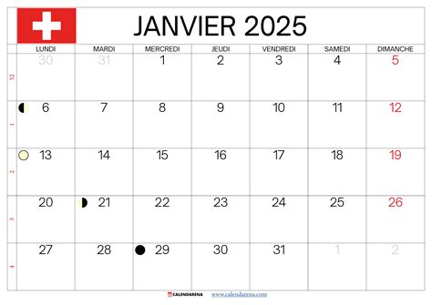 Calendrier Janvier 2025 Suisse à Imprimer