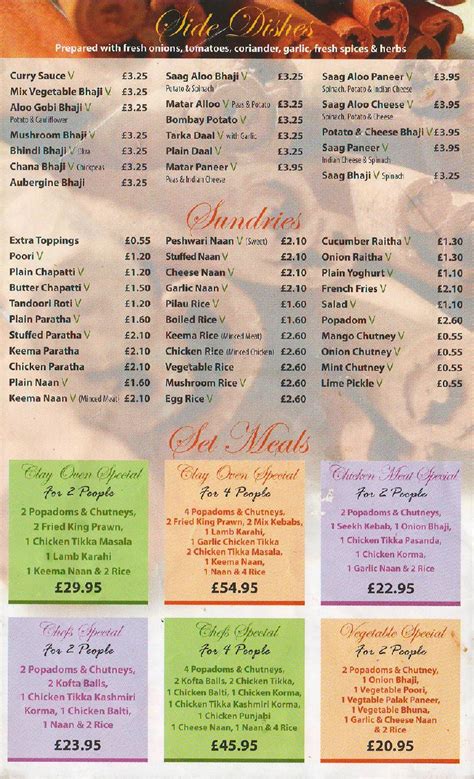 Menu at Clay Oven Tandoori restaurant, Mansfield