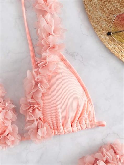 Bikini unicolore côtelé applique micro Mode en ligne SHEIN FRANCE