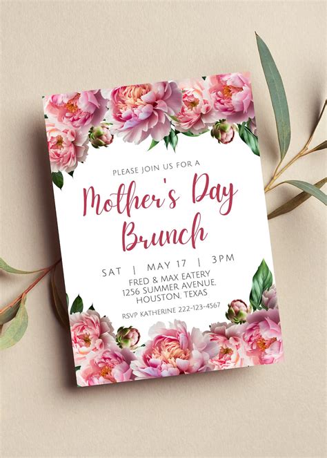 Editable Mother S Day Brunch Invitation Mother S Day Invitation Pink Floral Peony Printable