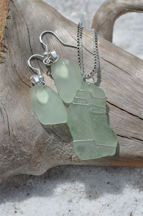 Genuine Pale Sea Foam Sea Glass Sterling Silver Earrings And Necklace Set Necklace Silver