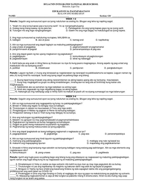 Esp 8 Summative Test Week 1 4 Second Quarter Pdf