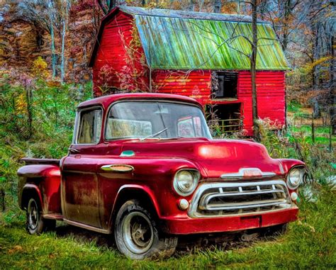 Chevy Red Truck Fabric Panel Digitally Printed Barn Farm