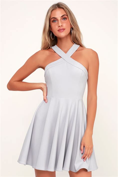 The Way You Look Tonight Light Grey Halter Skater Dress Light Grey