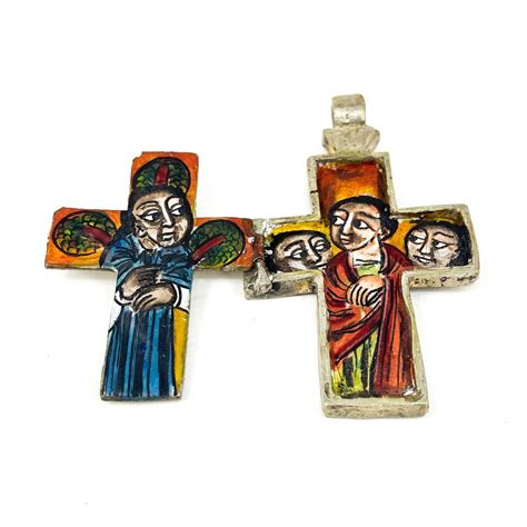 Ethiopian Painted Icon Coptic Cross Silver Pendant Af Gem