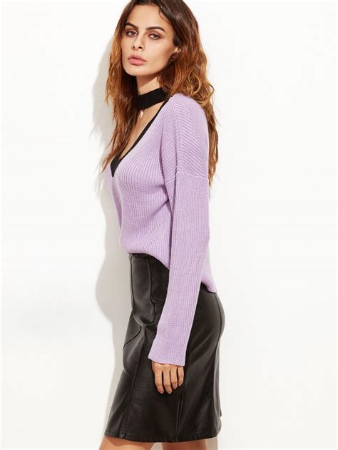 Purple Ribbed Knit Contrast Choker Neck Sweater Shein Sheinside