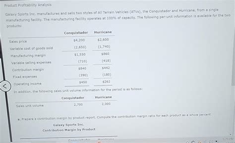 Solved Product Profitability Analysis Galaxy Sports Inc Chegg