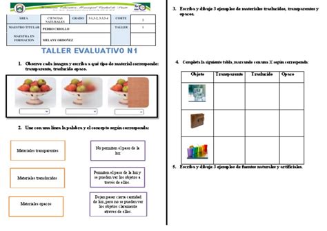 Taller Evaluativo N1 Luz Y Los Diferetes Tipos De Materiales Pdf Pdf