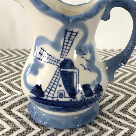 Vintage Hand Painted Delft Blue Pitcher Windmill Jug Etsy