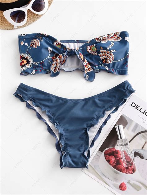 Off Zaful Lettuce Trimmed Plant Print Bandeau Bikini