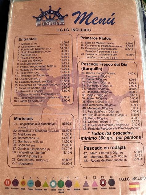 Carta De Restaurante La Marinera Las Palmas De Gran Canaria Paseo Las