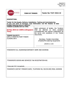 Fillable Online FORM OF TENDER Tender No TCAT 2016 10 06 May 2016 At