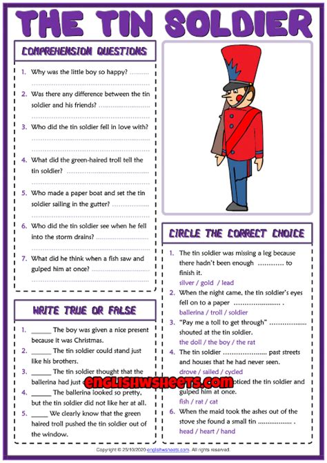 The Tin Soldier Esl Reading Comprehension Questions Worksheet Reading