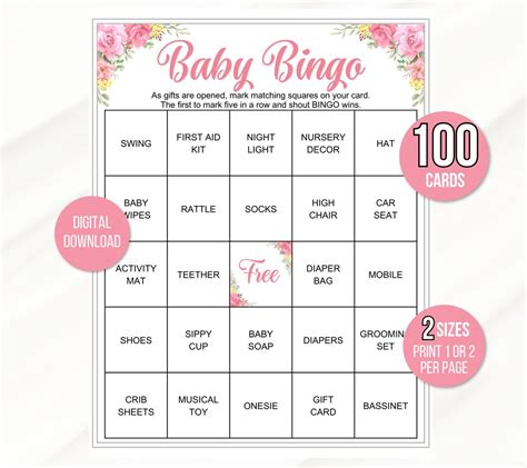 100 Baby Shower Bingo Cards Baby Girl Bingo Game Cards Baby T