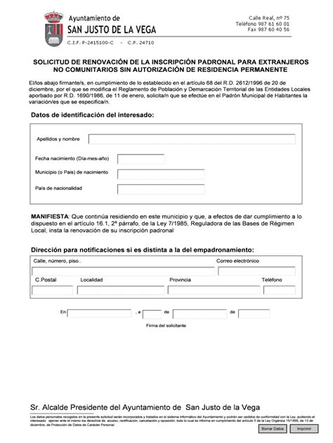 Fillable Online Aytosanjustodelavega Solicitud De Renovaci N De