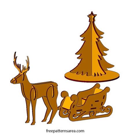 Laser Cut Deer Tree And Santa Sleigh 3D Puzzle Templates