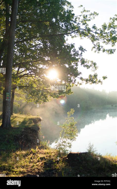 Beautiful Sunny Morning White Fog Lays Over The River Stock Photo Alamy