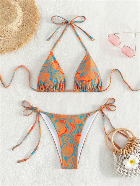 Conjunto De Bikini Con Estampado Integral Sujetador De Tri Ngulo Halter