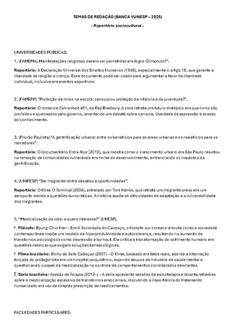 Temas De Redação Vunesp - Temas de Redação & Repertório - Banca Vunesp 2025: Análises e Reflexões ...