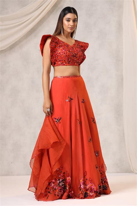 Buy Orange Organza Embroidered Floral Applique V Neck Lehenga Set For