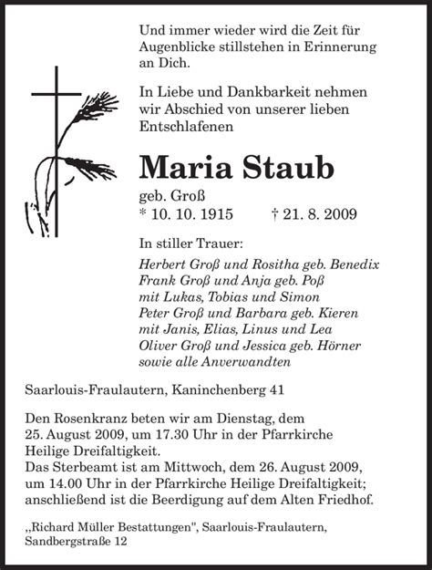 Traueranzeigen Von Maria Staub Saarbruecker Zeitung Trauer De