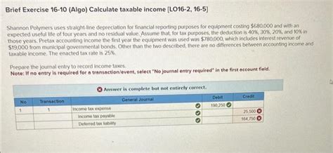 Solved Brief Exercise 16 10 Algo Calculate Taxable Income Chegg