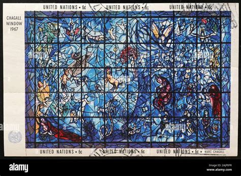 Painted Window By Chagall On Stamp Of United Nations Stock Photo Alamy